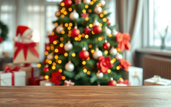 A beautifully decorated Christmas tree stands prominently with twinkling lights and ornaments, surrounded by neatly wrapped gifts in a warm, inviting living room.