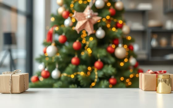 Festive gifts wrapped in brown paper sit on a table in a warm room, with a vibrant Christmas tree in the background, embellished with ornaments and lights.