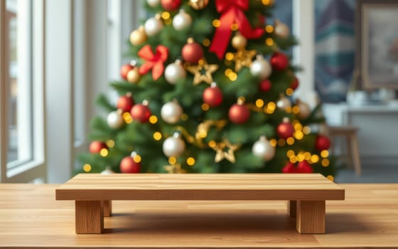 A wooden display stand is positioned on a table with a beautifully decorated Christmas tree in the background, adorned with ornaments and lights, creating a festive atmosphere.