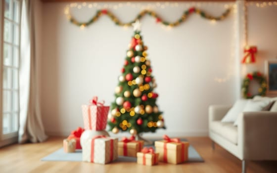 A cozy living room decorated for Christmas features a vibrant tree adorned with ornaments and glowing lights. Wrapped gifts are arranged beautifully beneath the tree, creating a festive atmosphere.