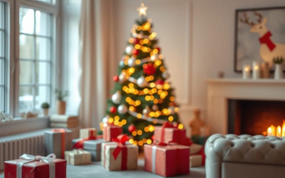 A festive living room is adorned with a vibrant Christmas tree sparkling with lights and ornaments. Wrapped gifts surround the base, creating a warm holiday atmosphere.