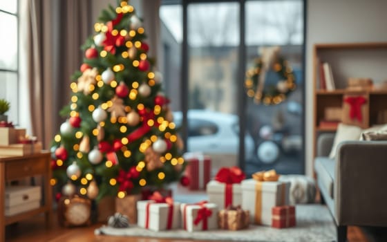 A warm living room is adorned with a beautifully lit Christmas tree surrounded by neatly wrapped gifts, creating a festive atmosphere for the holiday season.
