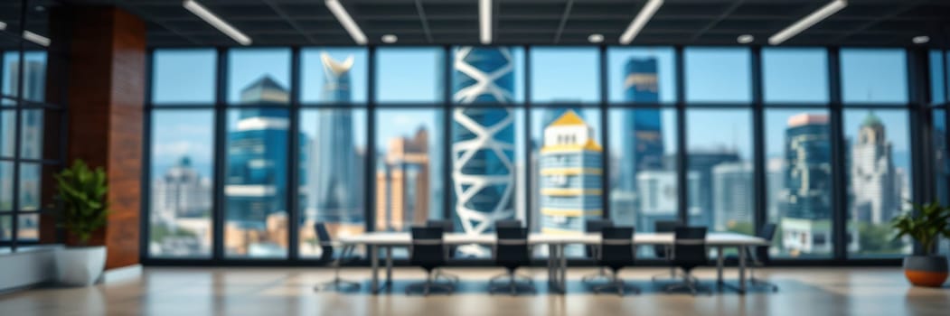 A spacious office interior featuring a large conference table and chairs, showcasing a breathtaking city skyline through expansive windows in bright daylight.