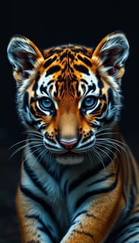 A young tiger is captured with its striking blue eyes and vivid orange and black stripes. The focus highlights its fierce yet curious expression, set against a dramatic dark background.
