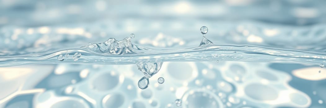 Ripples form as water droplets fall and create bubbles in a tranquil aquatic setting. The light highlights the clarity and beauty of the water, emphasizing its fluid nature.