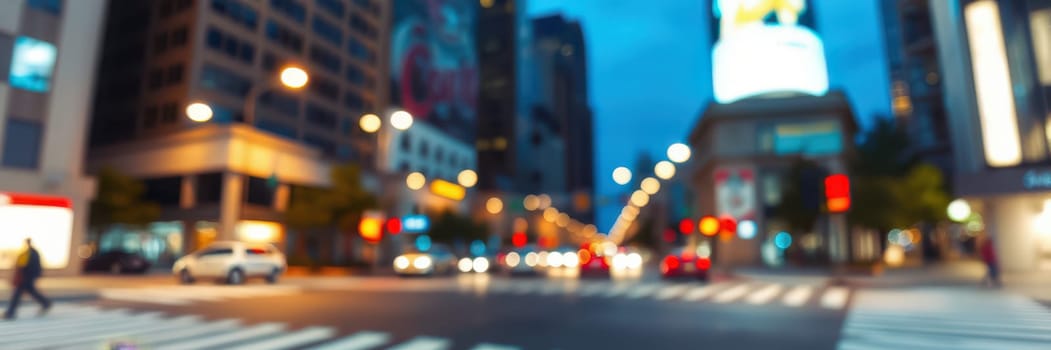 A busy city street during dusk, featuring blurred headlights and taillights from cars navigating the intersection. Pedestrians walk along the crosswalk amidst glowing buildings.