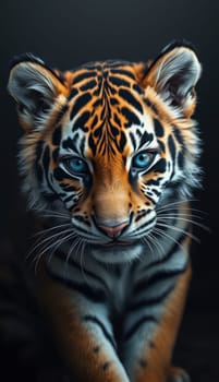 A tiger displays mesmerizing blue eyes against a dark backdrop, highlighting its intricate stripes and fierce expression, exuding strength and elegance in the wild.