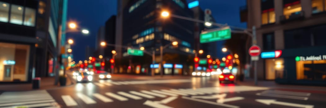 A vibrant city intersection comes alive at night with glowing traffic lights guiding vehicles. Skyscrapers cast reflections while cars navigate the bustling streets.