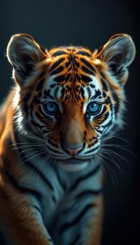 A tiger stands confidently, showcasing its vibrant orange and black stripes against a dark background. Its piercing blue eyes create a captivating focal point, invoking awe.