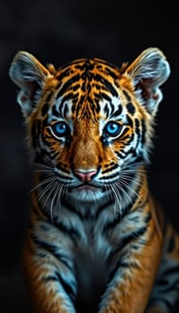 A majestic tiger with striking blue eyes sits calmly against a dark backdrop, highlighting its vibrant orange and black stripes. Its gaze conveys both strength and intrigue.