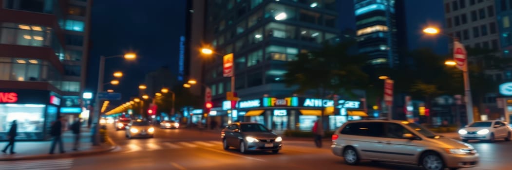 Traffic flows through a vibrant city street at night, with bright lights from storefronts and nearby skyscrapers illuminating the scene. People walk along the sidewalks.