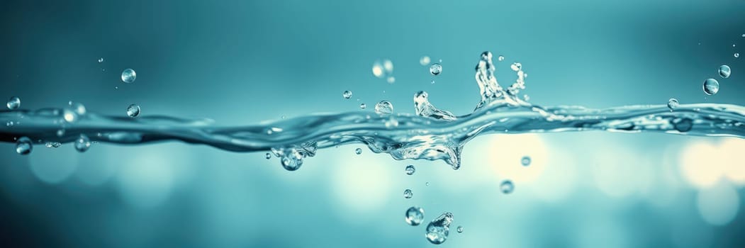 Water droplets and waves interact, creating beautiful patterns in a calm, bright aquatic setting. The tranquil blue tones enhance the soothing atmosphere.