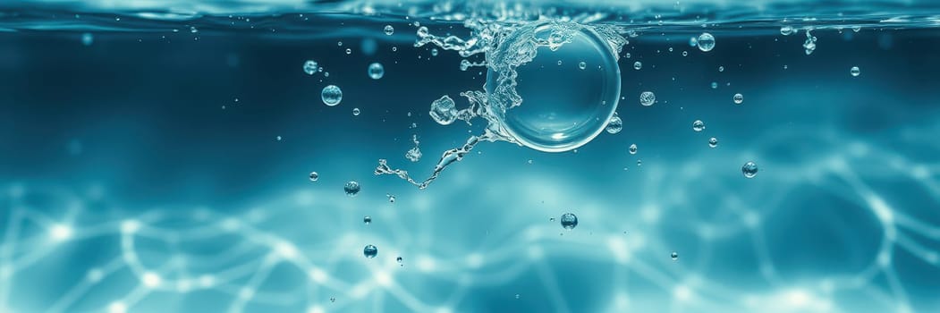 Bubbles rise to the surface, creating gentle ripples and reflections in a clear aquatic setting. Light dances through the water, enhancing the tranquil atmosphere.