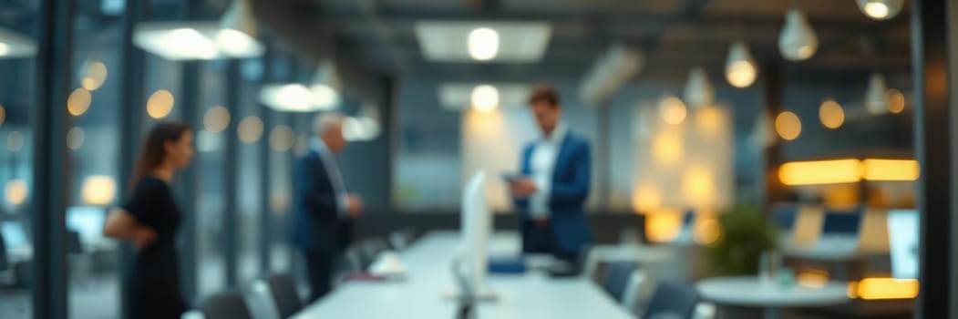 Three business professionals interact in a contemporary office space filled with bright lights. One person stands while others discuss ideas at a long conference table.