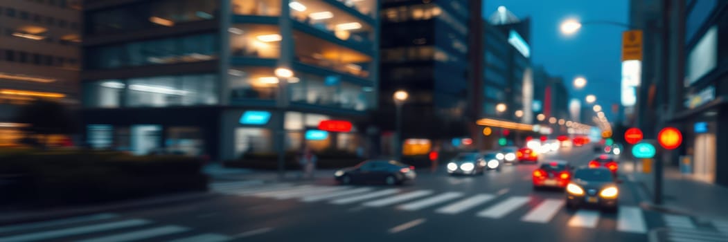 Multiple cars navigate a busy urban intersection during twilight. Office buildings illuminate the street while traffic signals guide movement.