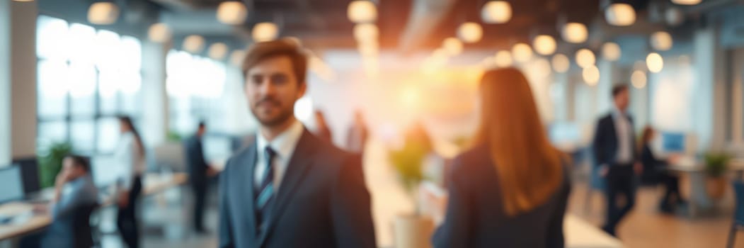 In a bright, bustling office, professionals converse and collaborate, showcasing teamwork and productivity in a contemporary work environment filled with natural light and modern decor.