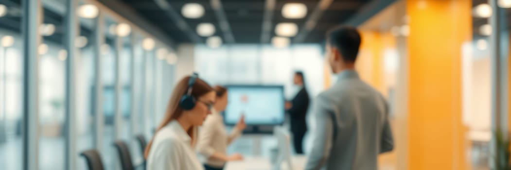 Employees collaborate in a modern office space, featuring one person in headphones focused on a task while others discuss projects in the background during the workday.