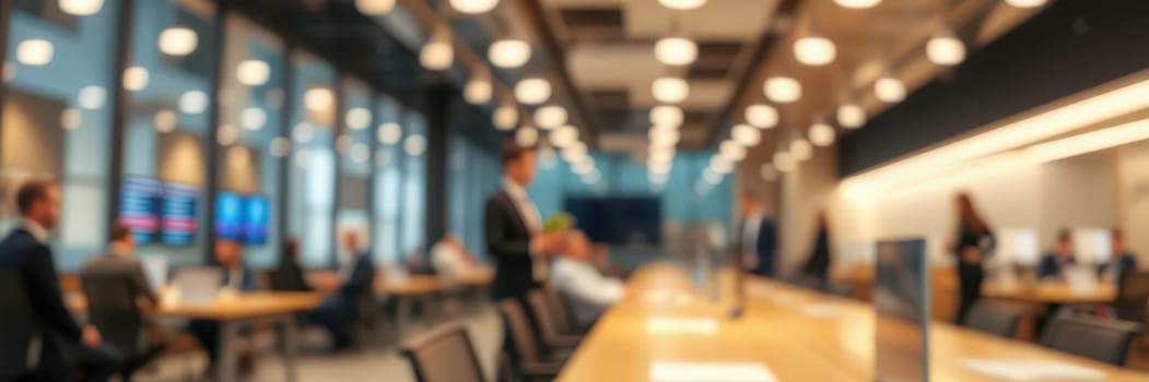 In a well-lit conference room, business professionals are gathering around a large table, discussing strategies and ideas.
