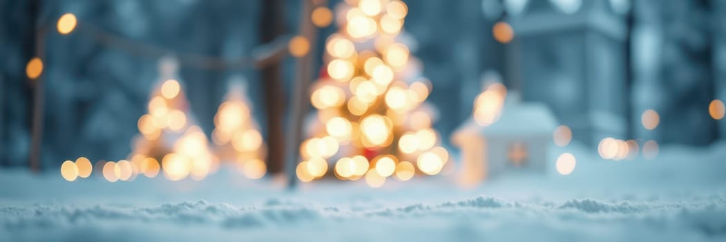 Softly falling snow blankets the ground, illuminating multiple Christmas trees adorned with warm lights, creating a cozy winter atmosphere filled with holiday spirit.