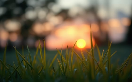 Golden sunlight filters through tall grass in a field, creating a tranquil ambiance as the sun sets behind trees. The sky glows warm with hues of orange and pink during evening.
