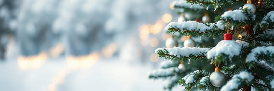 Beautiful Christmas tree with snow-covered branches, decorated with ornaments and softly glowing lights in a serene winter setting. The background is softly blurred, enhancing the festive atmosphere.