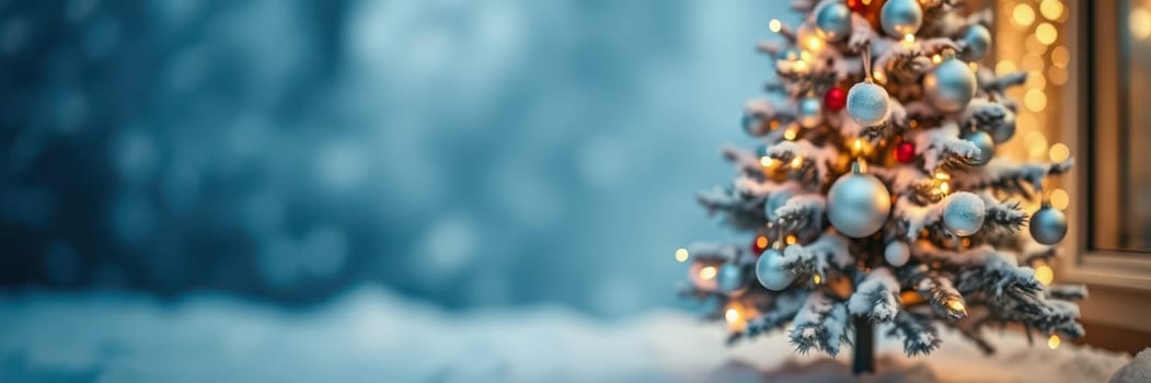 A beautifully decorated Christmas tree stands in the foreground, its ornaments glimmering in the soft light, surrounded by fresh snow. The tranquil winter evening enhances the festive atmosphere.