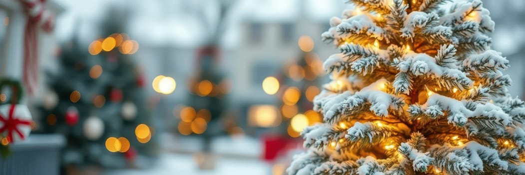 Snow-covered trees adorned with bright lights create a magical holiday atmosphere. The background reveals softly blurred holiday decorations, enhancing the seasonal charm.
