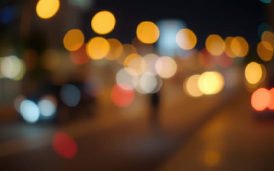 Bright, colorful orbs of light illuminate a lively city street at night. Cars and pedestrians move, creating a dynamic atmosphere full of energy and life.