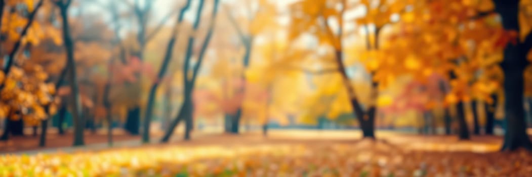 Golden and orange leaves blanket the ground in a tranquil park setting. Tall trees with changing colors tower above, creating a peaceful atmosphere perfect for a leisurely stroll.