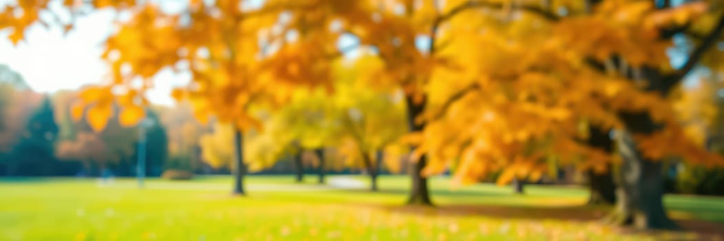 A park on a sunny afternoon showcases trees adorned with vibrant golden leaves, creating a warm atmosphere. Green grass complements the autumn scenery, inviting peaceful relaxation.