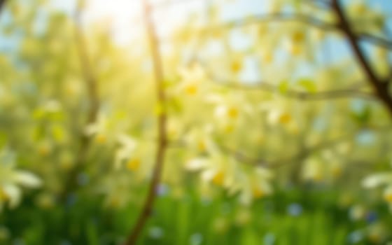 Sunlight cascades through a lush garden filled with soft, white blossoms and vibrant greenery, creating a peaceful atmosphere in spring.