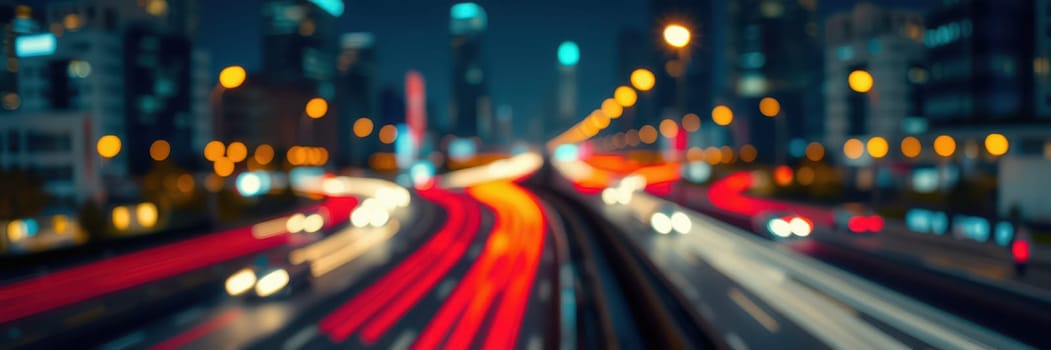 Cars race along a busy highway at night, their lights creating colorful trails. Skyscrapers gleam in the background, reflecting the lively atmosphere of the city.