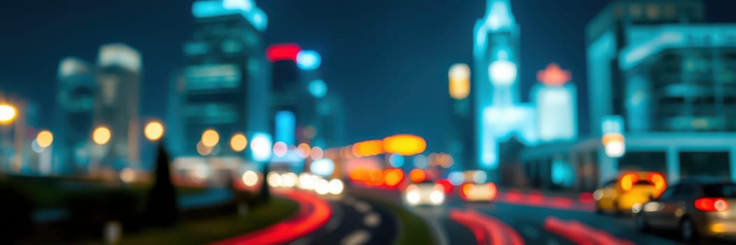 Cars move quickly along a winding road in a busy city under a night sky. Bright lights of skyscrapers create a dynamic, energetic atmosphere typical of urban nightlife.