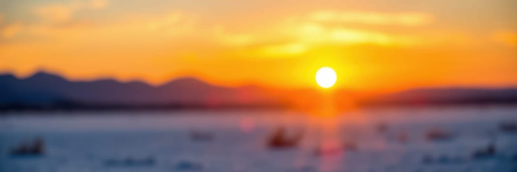 A colorful sunset illuminates the sky and reflects on the water's surface, with silhouettes of boats scattered across the serene landscape, accompanied by distant mountains.