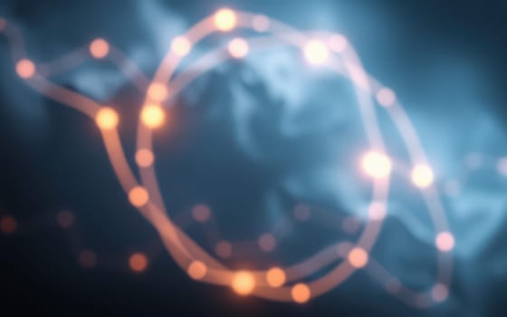 An abstract composition features glowing orbs connected by soft lines, creating a sense of movement against a dark background. The artwork suggests themes of connectivity and modernity.