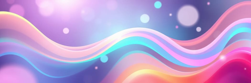 Vibrant, flowing waves in various pastel shades intertwine across the composition, enhanced by soft bokeh lights that add a dreamy quality, creating visual depth and movement.