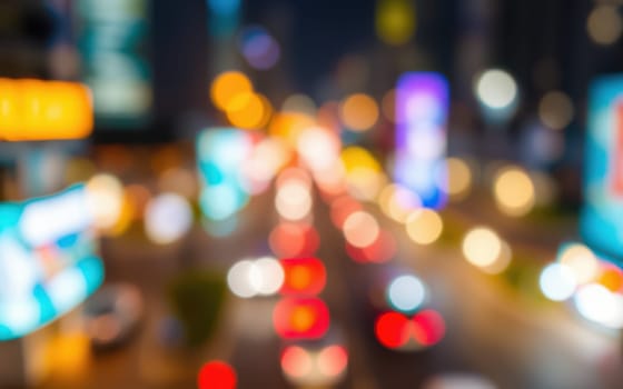 A bustling street at night with bright billboards and car lights creating a colorful blur. The lively atmosphere showcases the energy of urban life in the evening.