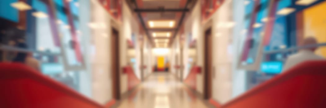 A long hallway features modern design with bright lighting and colorful accents. Red walls complement sleek doors, creating an inviting atmosphere in the building.