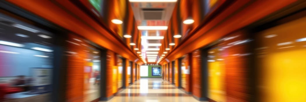 A dynamic hallway in a contemporary commercial space features striking orange and yellow walls. Bright lighting enhances the lively ambiance while promoting exploration of stores.