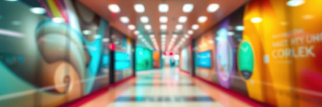 Visitors walk through a vibrant corridor adorned with abstract art and promotional displays, illuminated by soft ceiling lights. The atmosphere is lively and inviting.