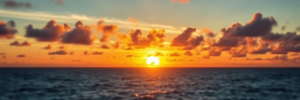 Golden sunlight reflects off the calm ocean waters as the sun sets on the horizon. Dark clouds billow in the vibrant sky, creating a serene atmosphere at dusk.