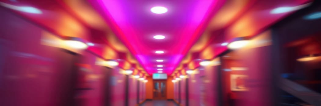A long corridor showcases bright pink and orange lighting, creating a lively atmosphere. The walls are lined with doors, leading to various rooms in a contemporary setting.
