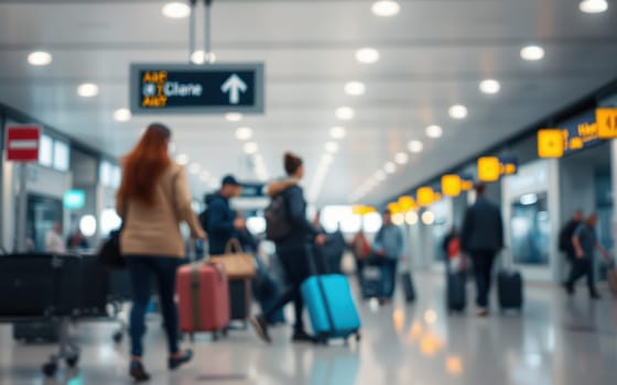 Crowds of travelers navigate a busy airport terminal, dragging suitcases and checking signs. Brightly lit spaces reflect a sense of urgency and excitement during travel rush hours.