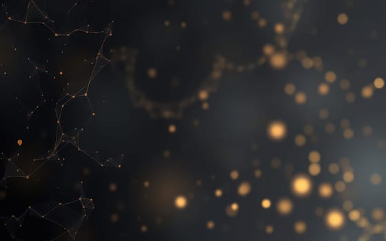 Bright particles are scattered throughout a dark background, interconnected by thin lines. This artistic design evokes a sense of depth and connectivity in a cosmic setting.