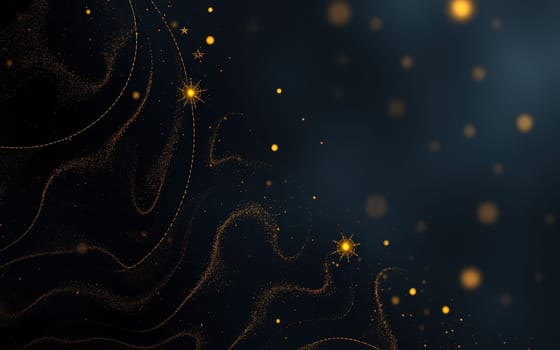 This artwork features a rich dark backdrop adorned with glowing golden particles and fluid lines, evoking a sense of depth and movement in a starry night theme.