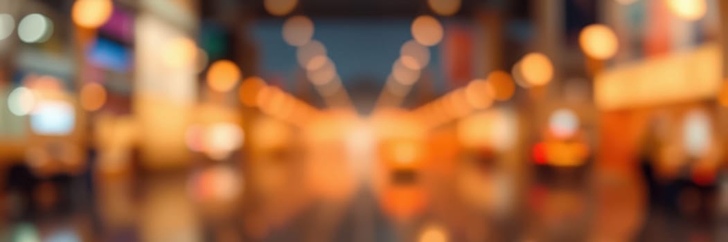 A busy city street comes alive at dusk, filled with warm lights and reflections. People move along the sidewalks while cars pass, enhancing the vibrant urban atmosphere.