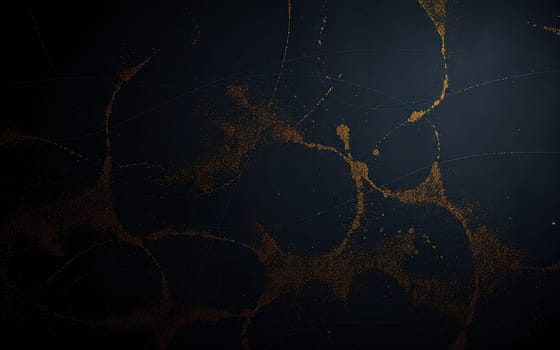 A mesmerizing dark surface features intricate golden patterns and textures that evoke depth and mystery. The arrangement creates a captivating abstract visual, inviting contemplation.