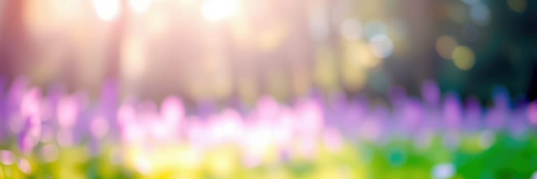 Gentle sunlight streams through the trees, creating a warm glow over a field of purple wildflowers. This peaceful forest scene captures the essence of spring in full bloom.