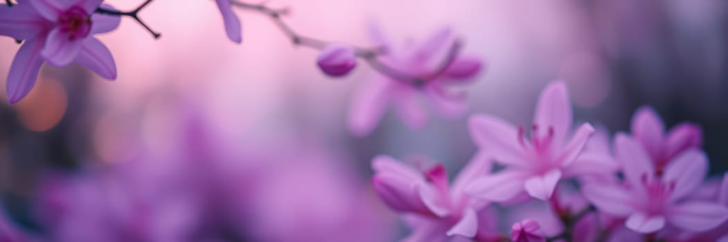 Delicate pink flowers bloom on branches, illuminated by soft morning light. The atmosphere is peaceful as nature awakens, showcasing vibrant colors in the background.