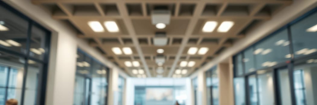 A brightly lit office hallway features large windows allowing natural light to flood in. The ceiling is adorned with modern lighting, creating an inviting workspace atmosphere.